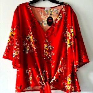 Bluetime Women's Size 2XL Blood Orange Floral 3/4 Sleeve V Neck Tie Front Boho